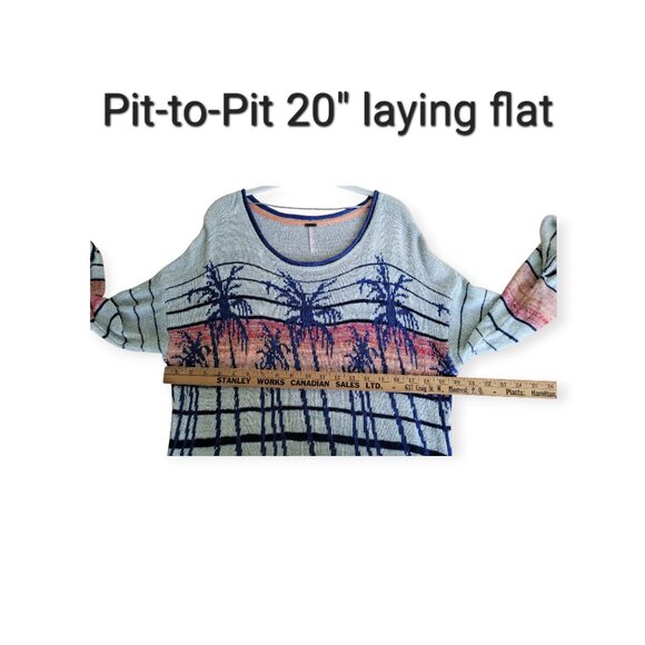 Free People Palm Tree Breeze Knit Ruched Sweater XS Pale Grey Blue Orange Top - Picture 11 of 16